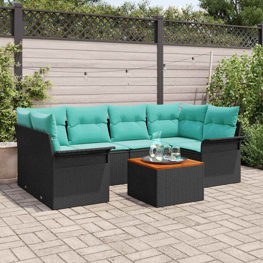 Tuinbankenset met opslag 7 pcs Zwart en Turquoise poly rattan