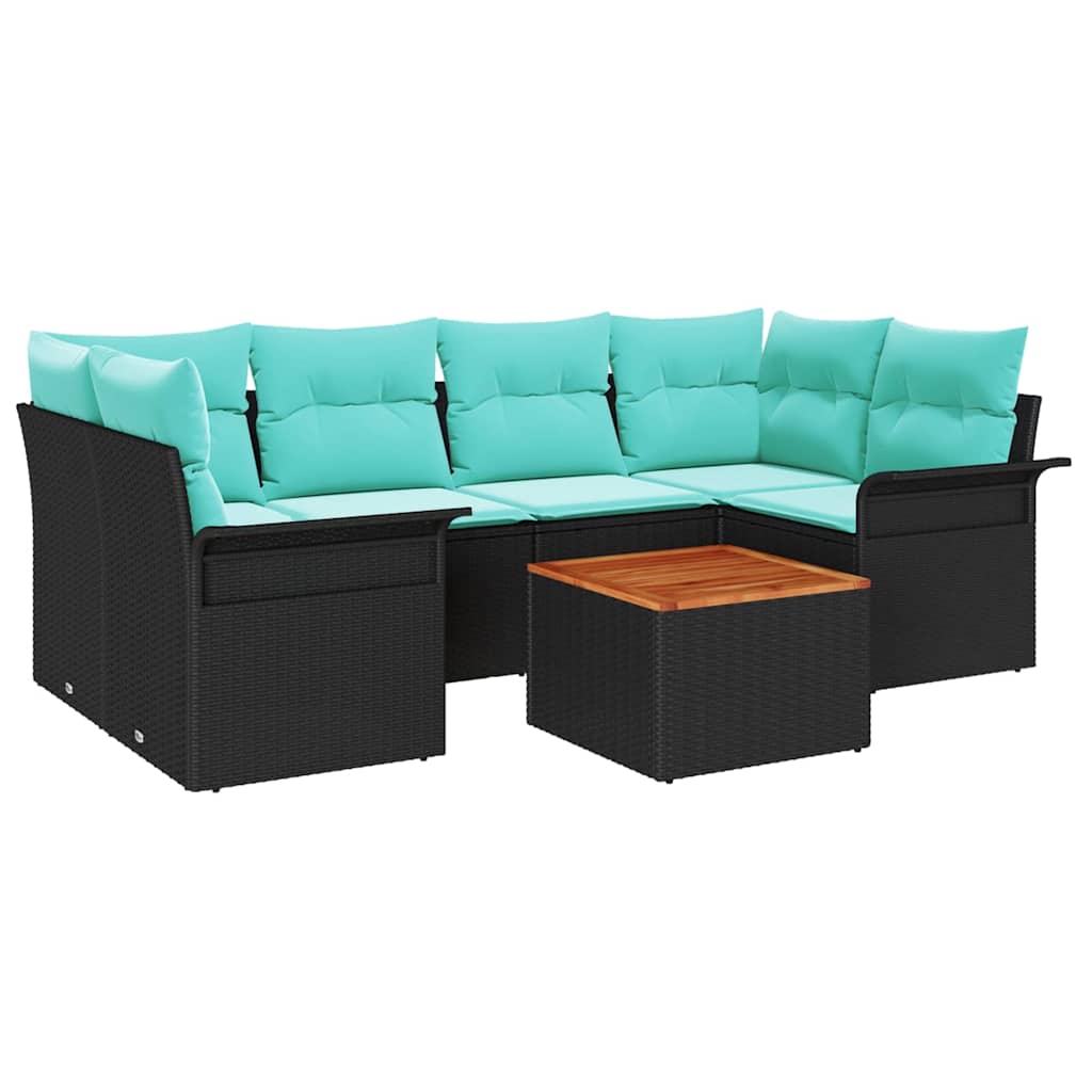 Tuinbankenset met opslag 7 pcs Zwart en Turquoise poly rattan