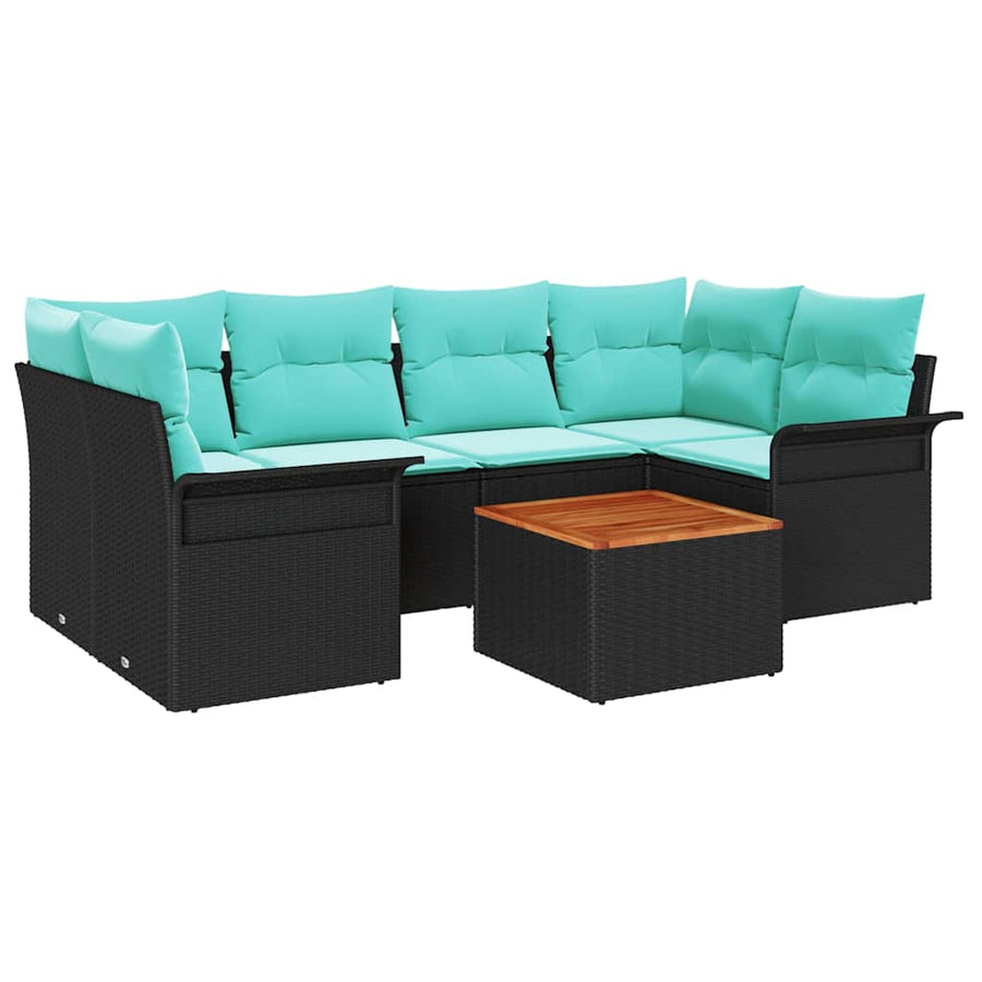 Tuinbankenset met opslag 7 pcs Zwart en Turquoise poly rattan