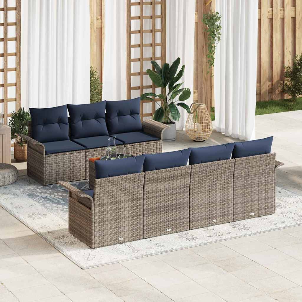 Tuinbankenset met opslag 8 pcs Grijs en Marineblauw poly rattan