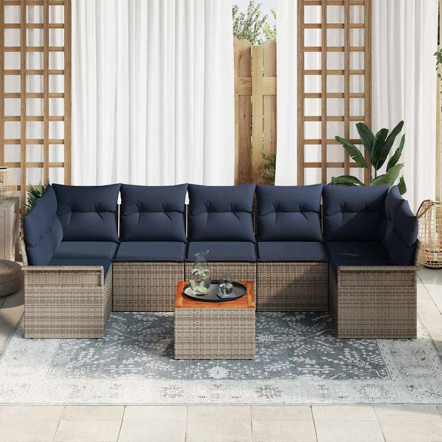 Tuinbankenset met opslag 8 pcs Grijs en Marineblauw poly rattan