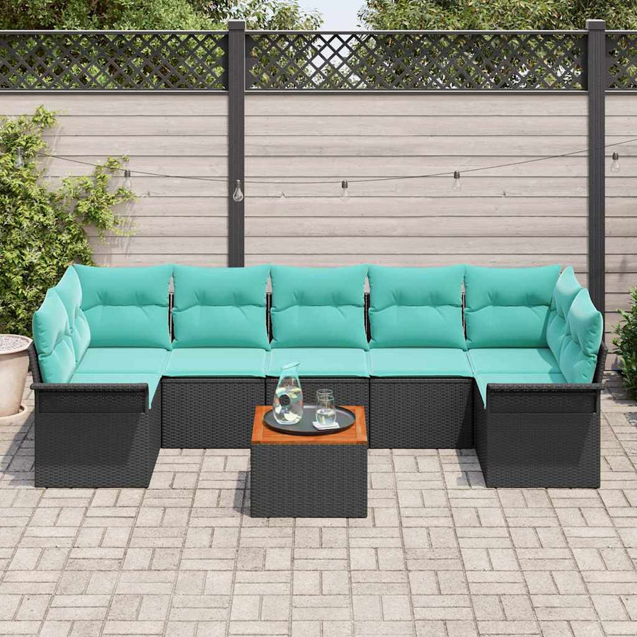 Tuinbankenset met opslag 8 pcs Zwart en Turquoise poly rattan