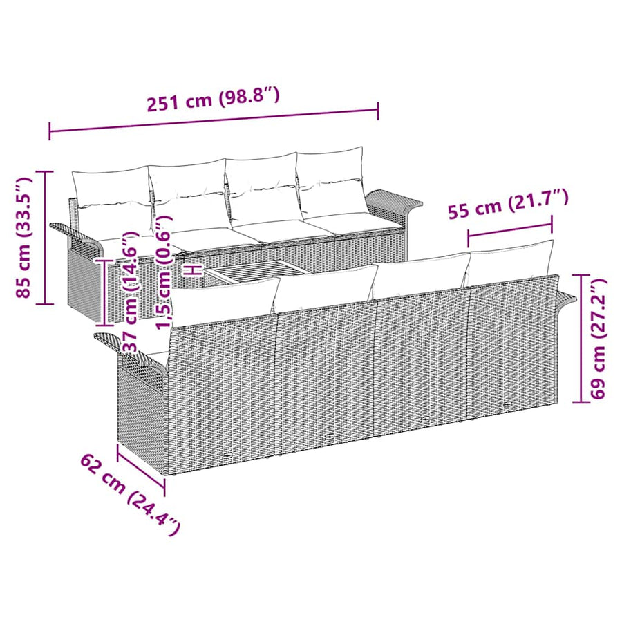 Tuinbankenset met opslag 9 pcs Beige en Licht Grijs poly rattan