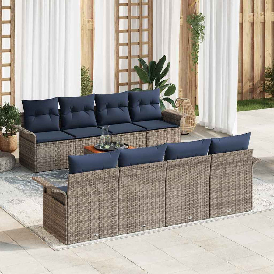 Tuinbankenset met opslag 9 pcs Grijs en Marineblauw poly rattan