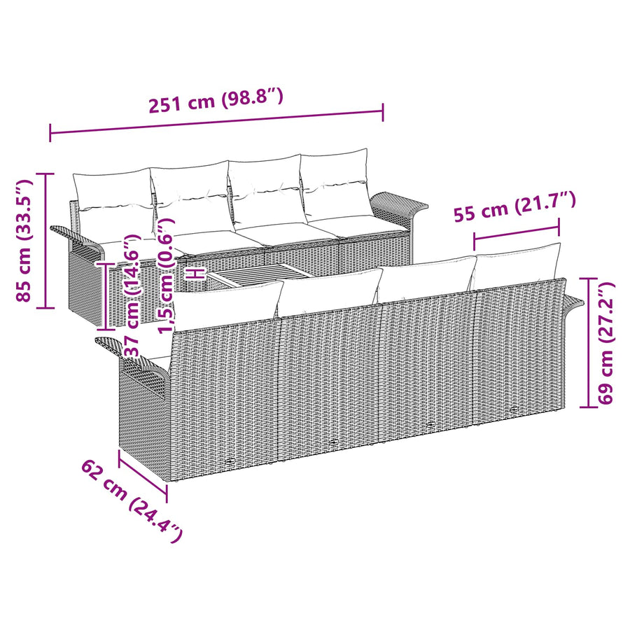 Tuinbankenset met opslag 9 pcs Grijs en Marineblauw poly rattan
