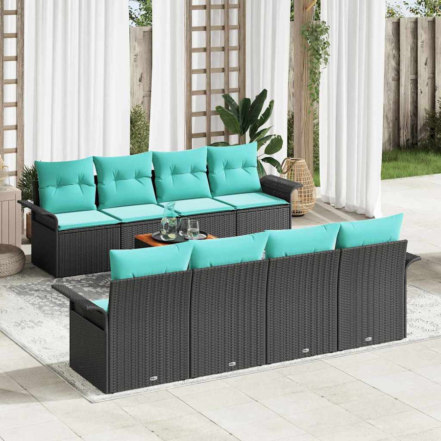 Tuinbankenset met opslag 9 pcs Zwart en Turquoise poly rattan