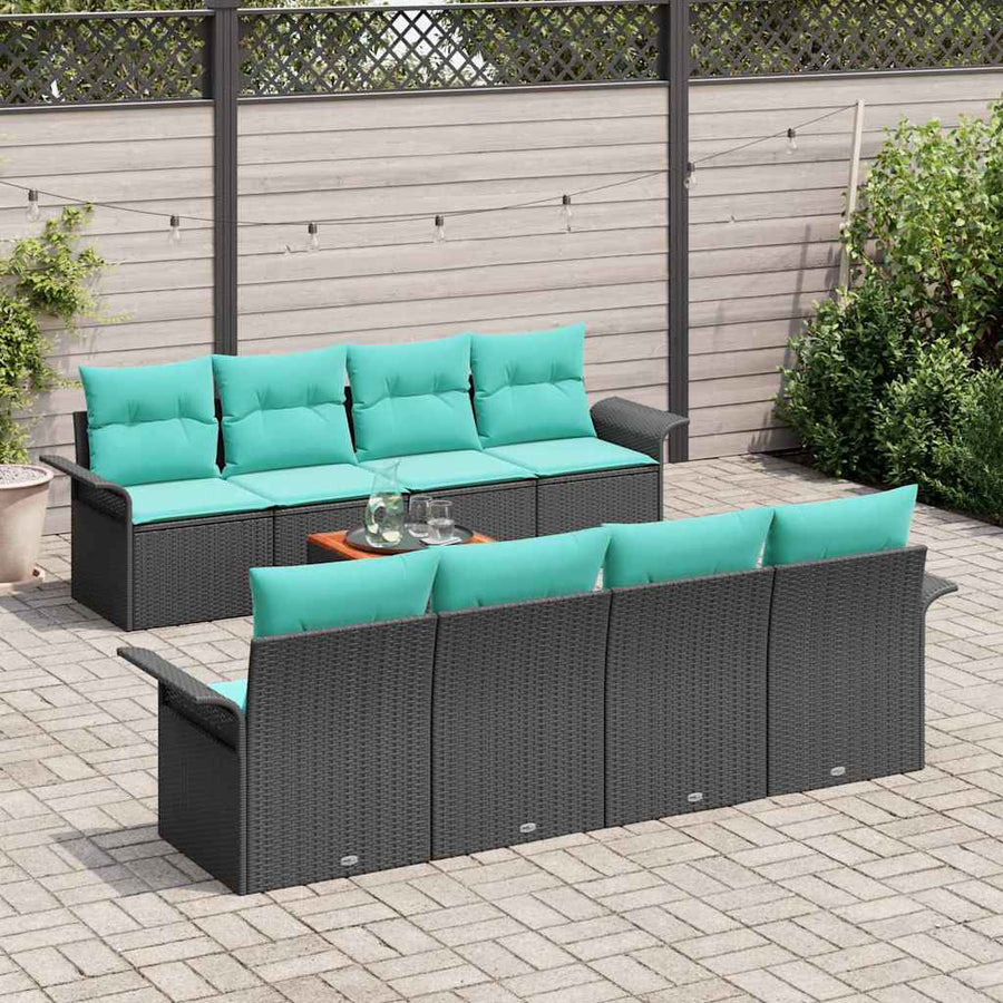 Tuinbankenset met opslag 9 pcs Zwart en Turquoise poly rattan