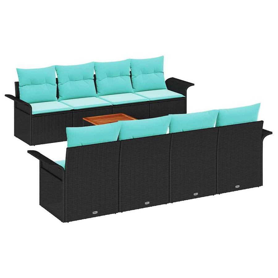 Tuinbankenset met opslag 9 pcs Zwart en Turquoise poly rattan