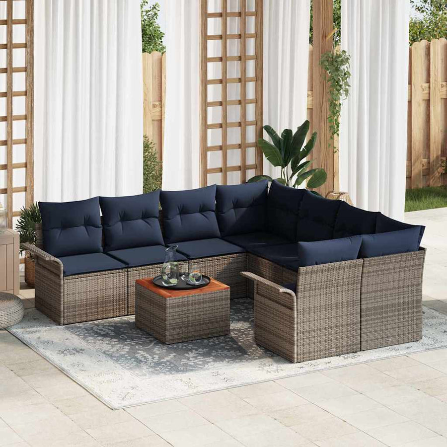 Tuinbankenset met opslag 9 pcs Grijs en Marineblauw poly rattan
