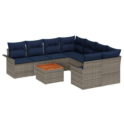 Tuinbankenset met opslag 9 pcs Grijs en Marineblauw poly rattan