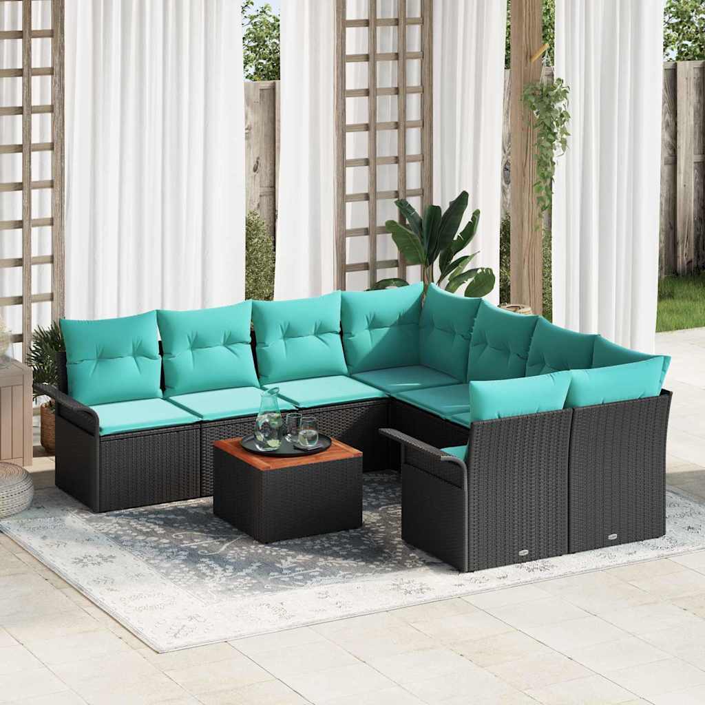 Tuinbankenset met opslag 9 pcs Zwart en Turquoise poly rattan