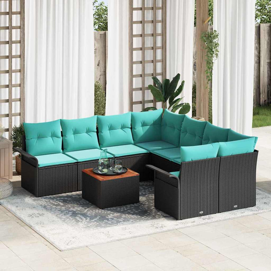 Tuinbankenset met opslag 9 pcs Zwart en Turquoise poly rattan