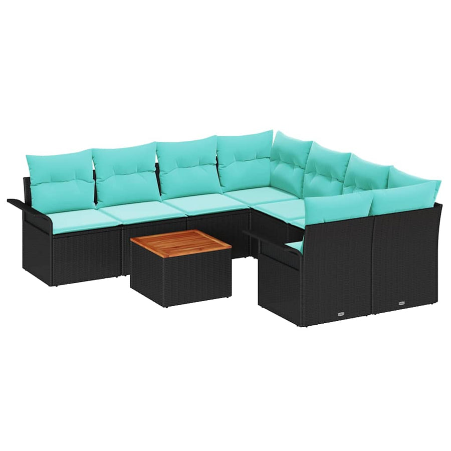 Tuinbankenset met opslag 9 pcs Zwart en Turquoise poly rattan