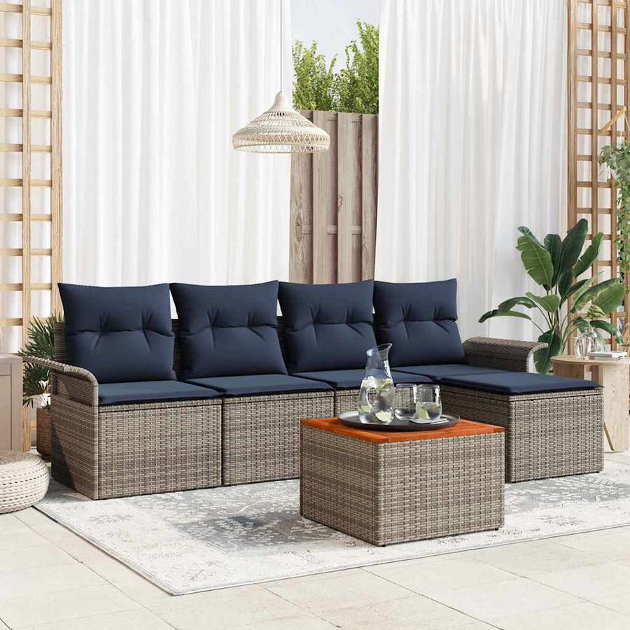 Tuinbankenset met opslag 6 pcs Grijs en Marineblauw poly rattan