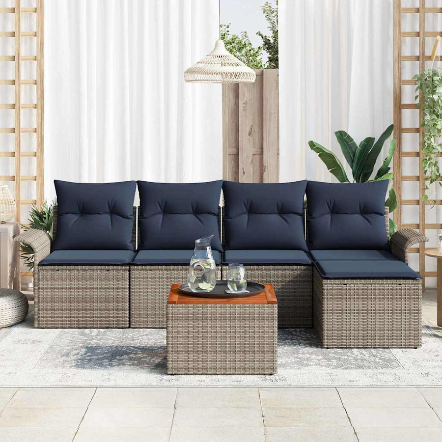 Tuinbankenset met opslag 6 pcs Grijs en Marineblauw poly rattan