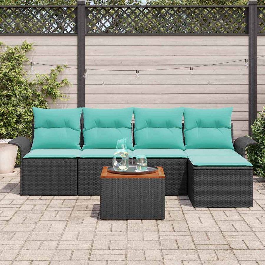 Tuinbankenset met opslag 6 pcs Zwart en Turquoise poly rattan