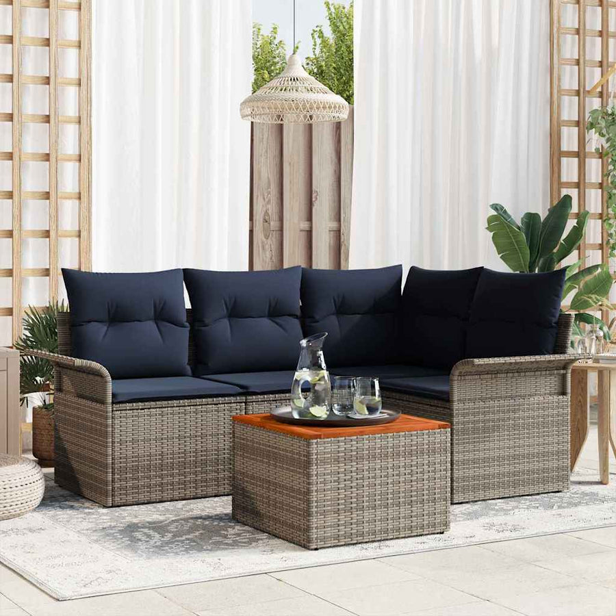 Tuinbankenset met opslag 5 pcs Grijs en Marineblauw poly rattan