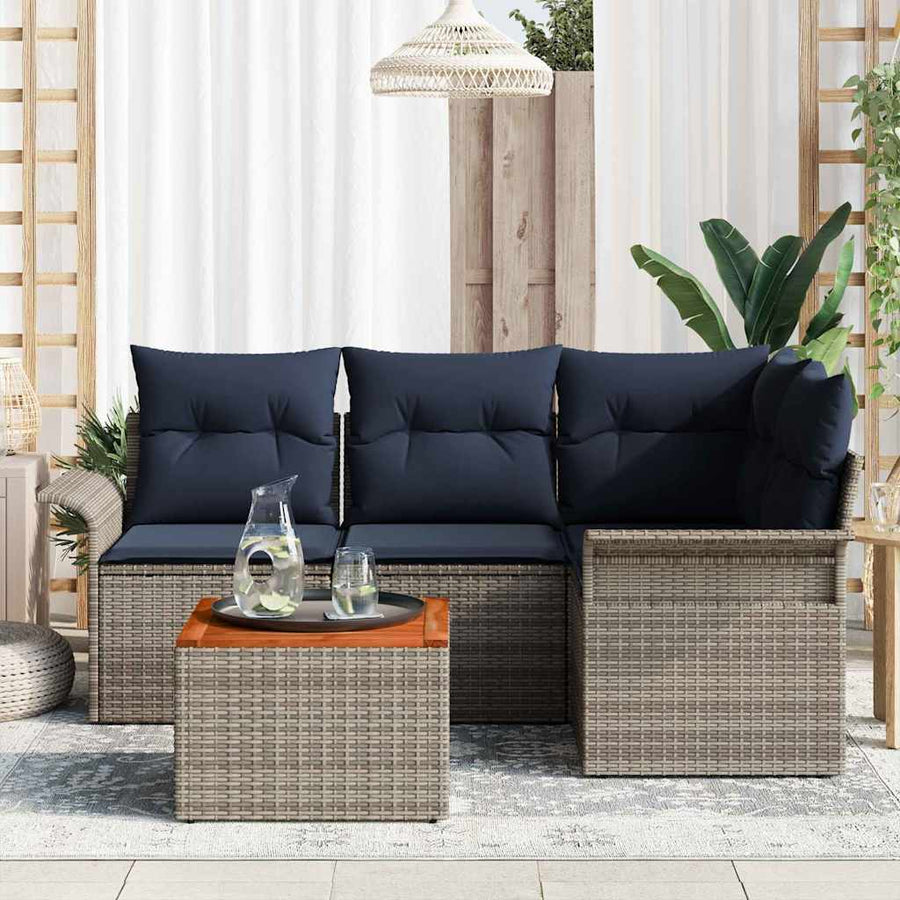 Tuinbankenset met opslag 5 pcs Grijs en Marineblauw poly rattan