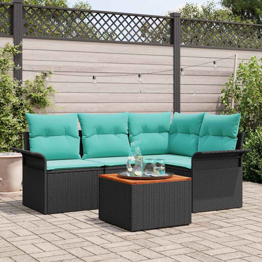 Tuinbankenset met opslag 5 pcs Zwart en Turquoise poly rattan