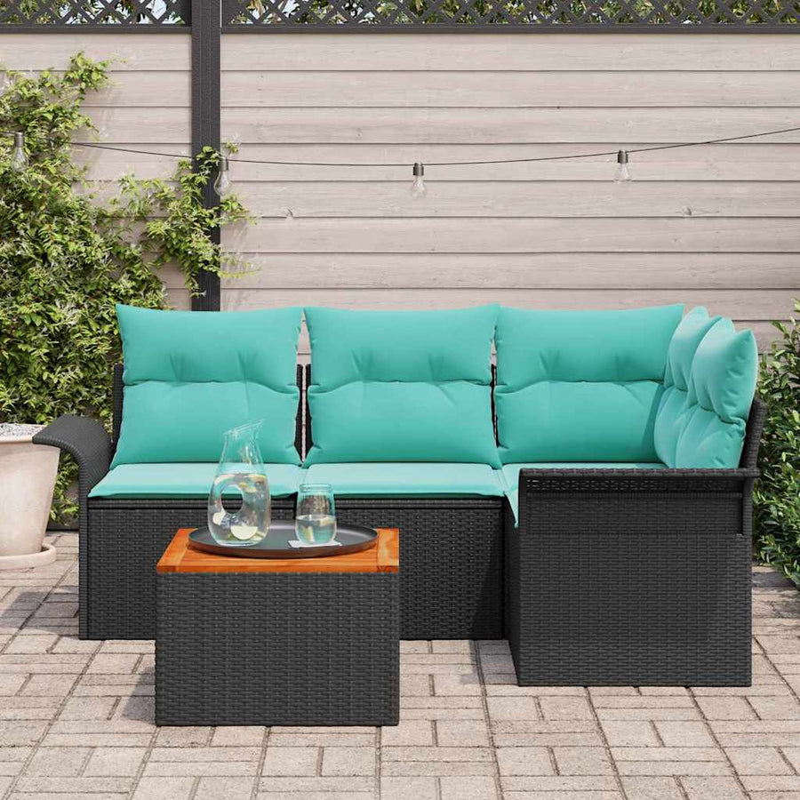 Tuinbankenset met opslag 5 pcs Zwart en Turquoise poly rattan