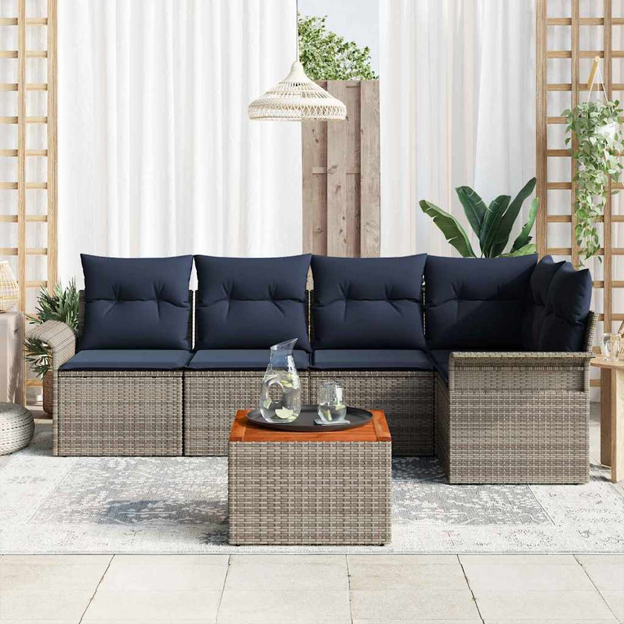 Tuinbankenset met opslag 6 pcs Grijs en Marineblauw poly rattan