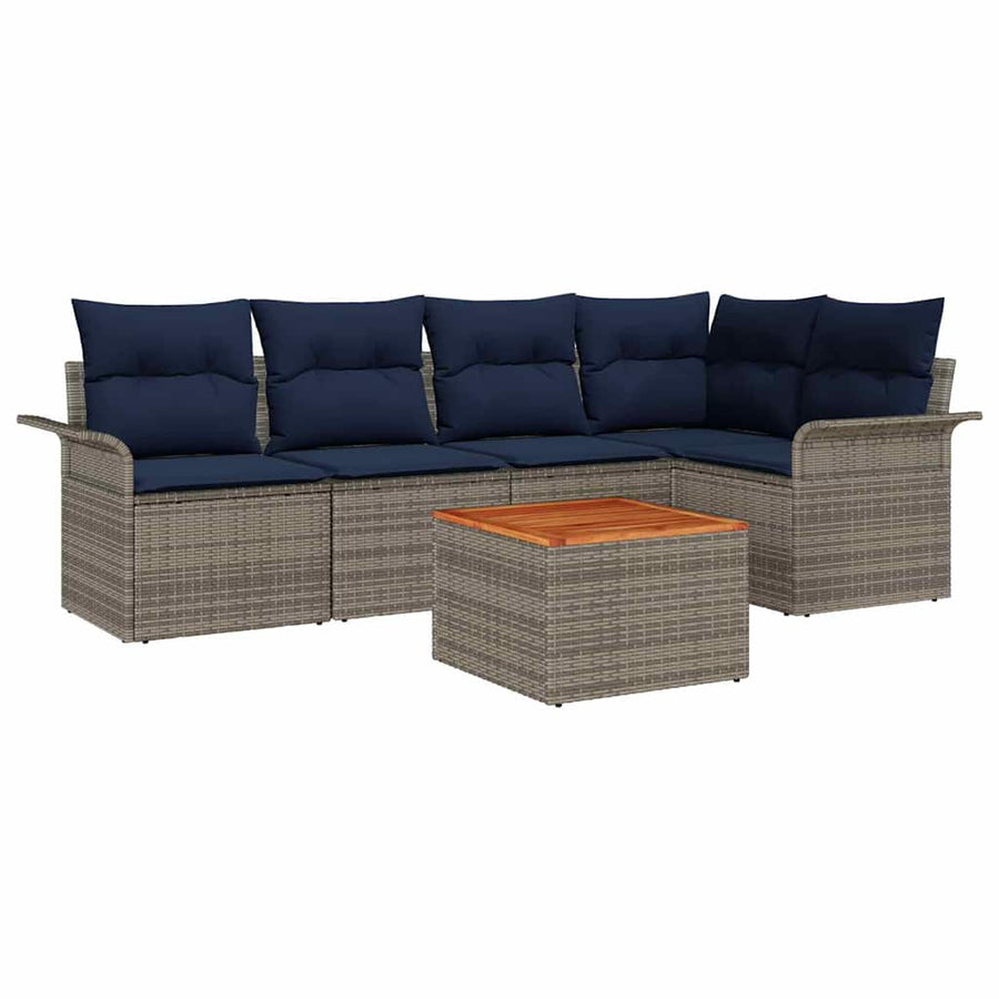 Tuinbankenset met opslag 6 pcs Grijs en Marineblauw poly rattan