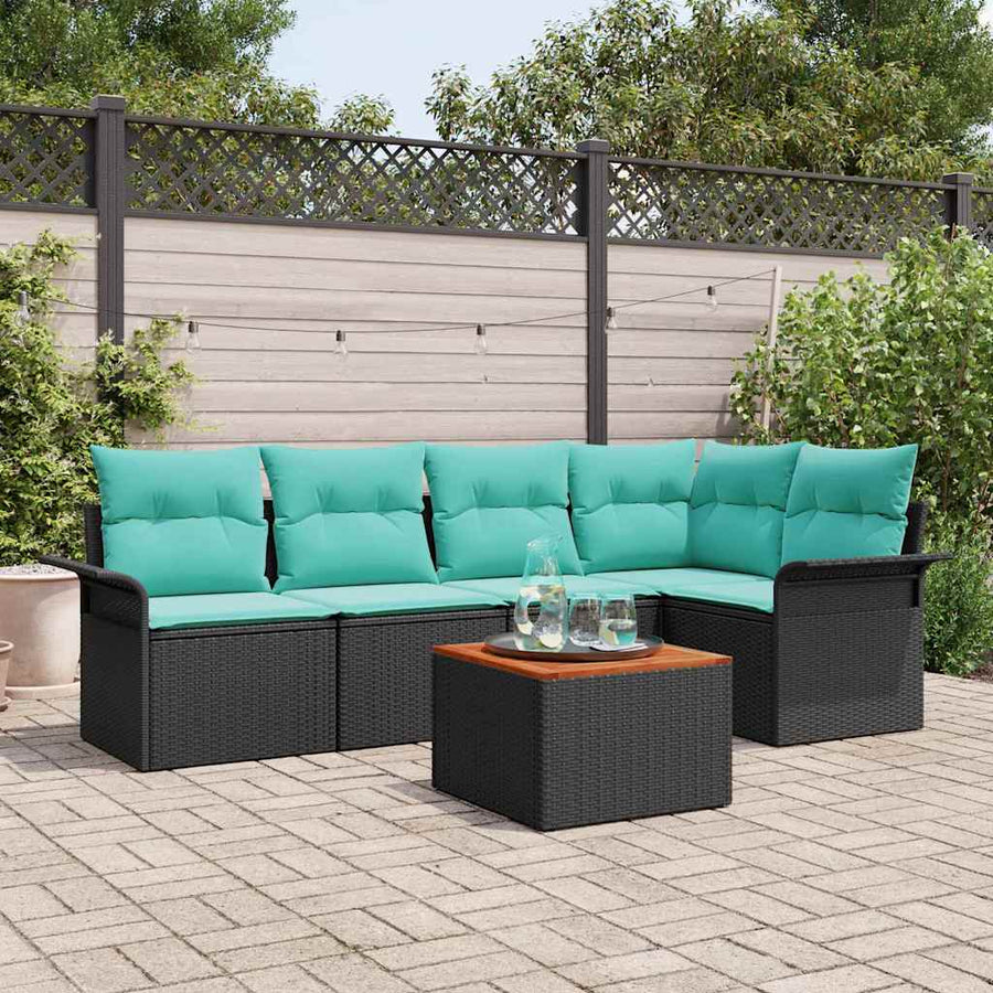 Tuinbankenset met opslag 6 pcs Zwart en Turquoise poly rattan