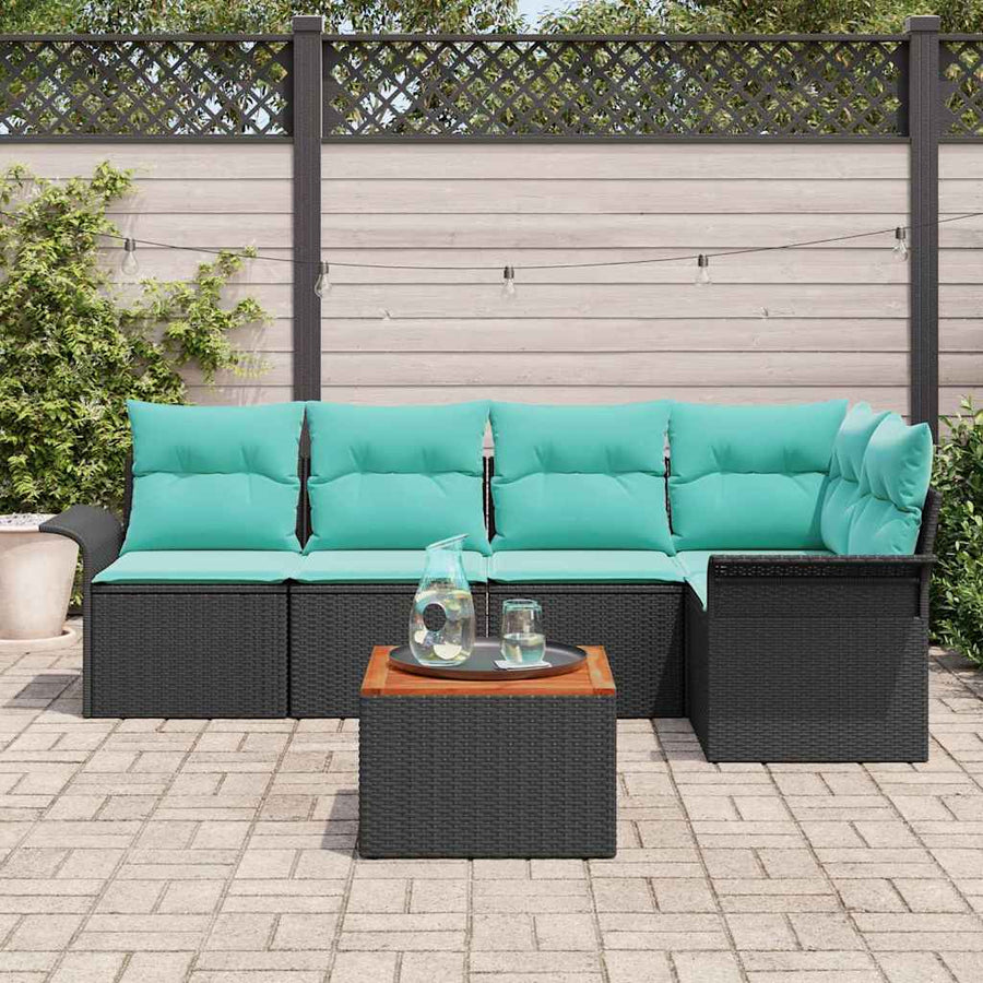 Tuinbankenset met opslag 6 pcs Zwart en Turquoise poly rattan