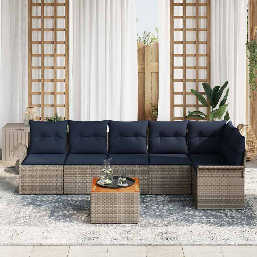 Tuinbankenset met opslag 7 pcs Grijs en Marineblauw poly rattan