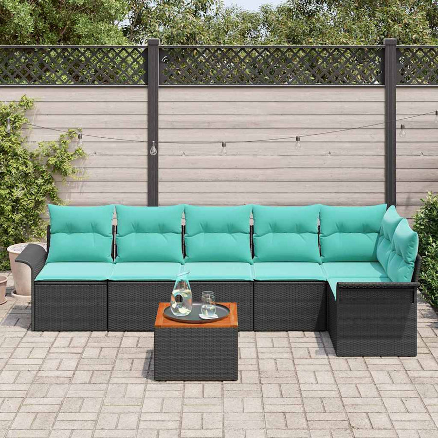 Tuinbankenset met opslag 7 pcs Zwart en Turquoise poly rattan