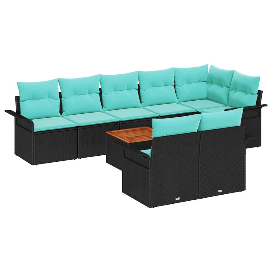 Tuinbankenset met opslag 9 pcs Zwart en Turquoise poly rattan