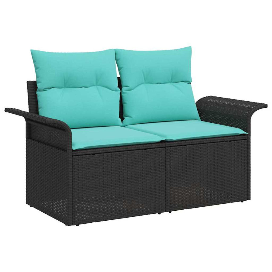 Tuinbankenset met opslag 9 pcs Zwart en Turquoise poly rattan