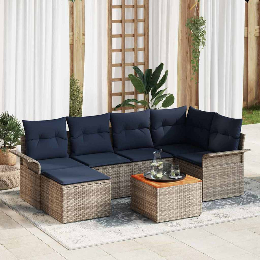 Tuinbankenset met opslag 7 pcs Grijs en Marineblauw poly rattan