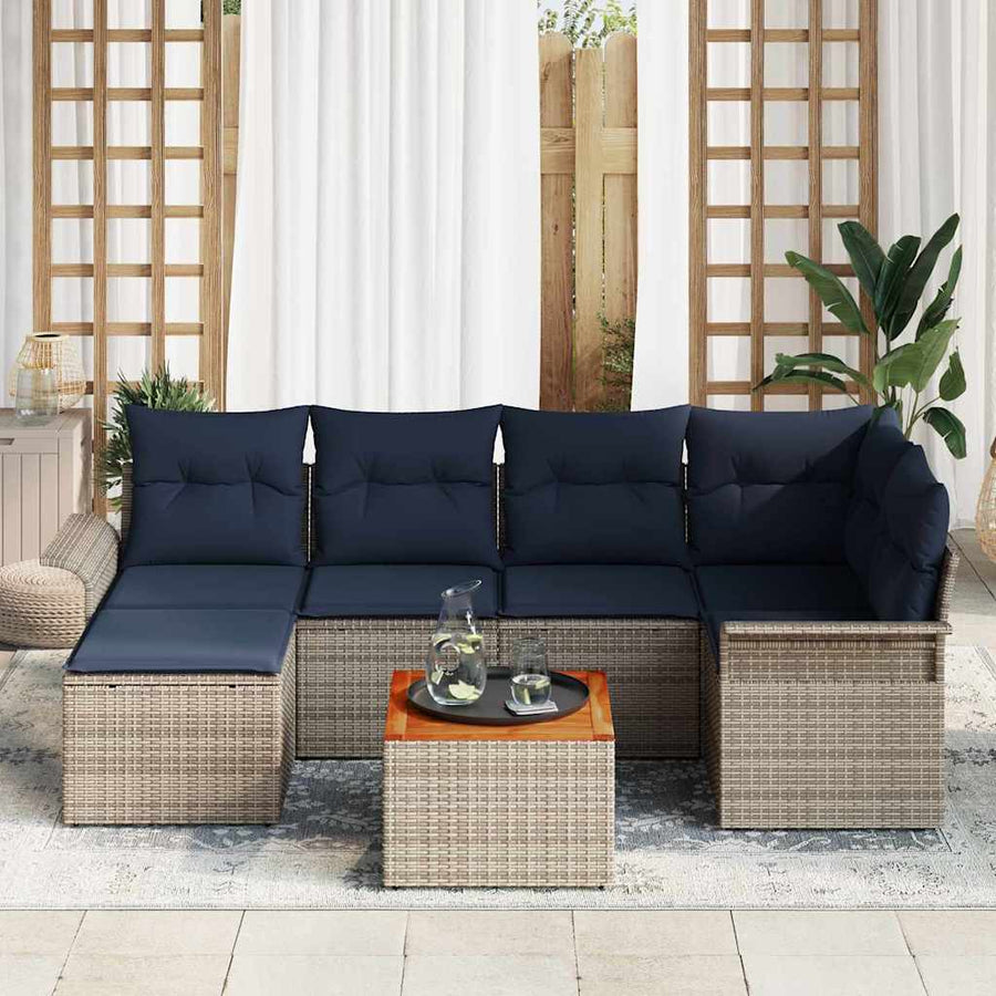 Tuinbankenset met opslag 7 pcs Grijs en Marineblauw poly rattan