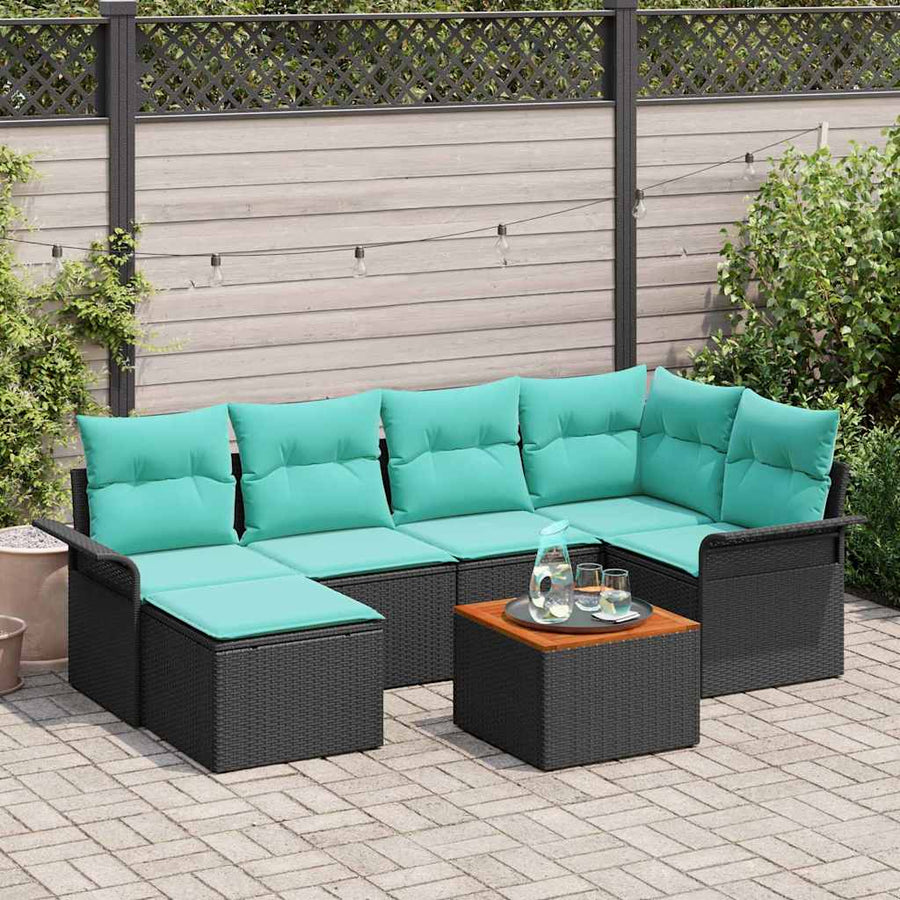 Tuinbankenset met opslag 7 pcs Zwart en Turquoise poly rattan