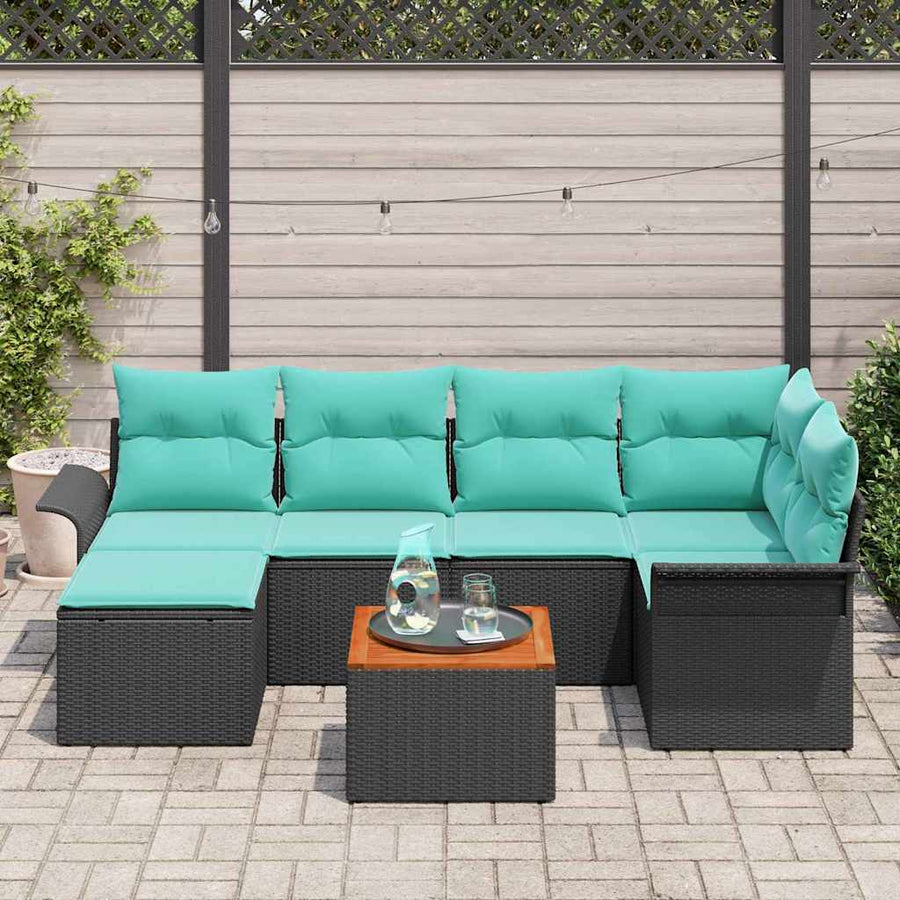 Tuinbankenset met opslag 7 pcs Zwart en Turquoise poly rattan