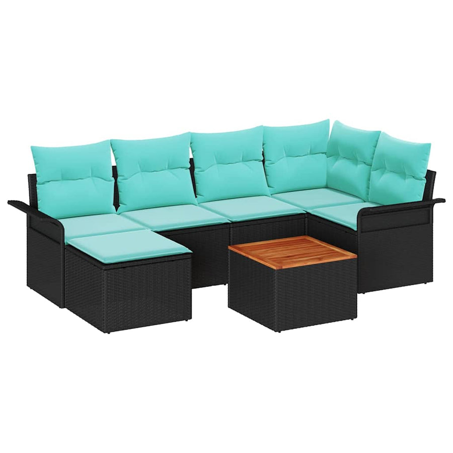 Tuinbankenset met opslag 7 pcs Zwart en Turquoise poly rattan