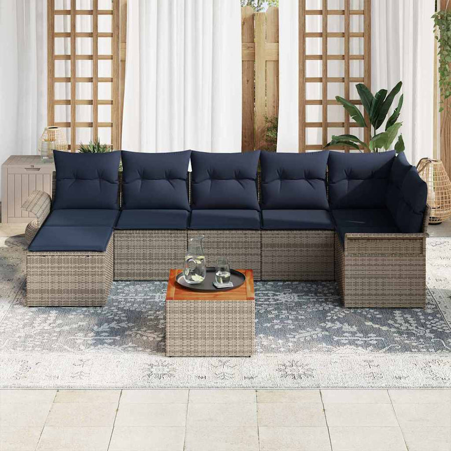 Tuinbankenset met opslag 8 pcs Grijs en Marineblauw poly rattan