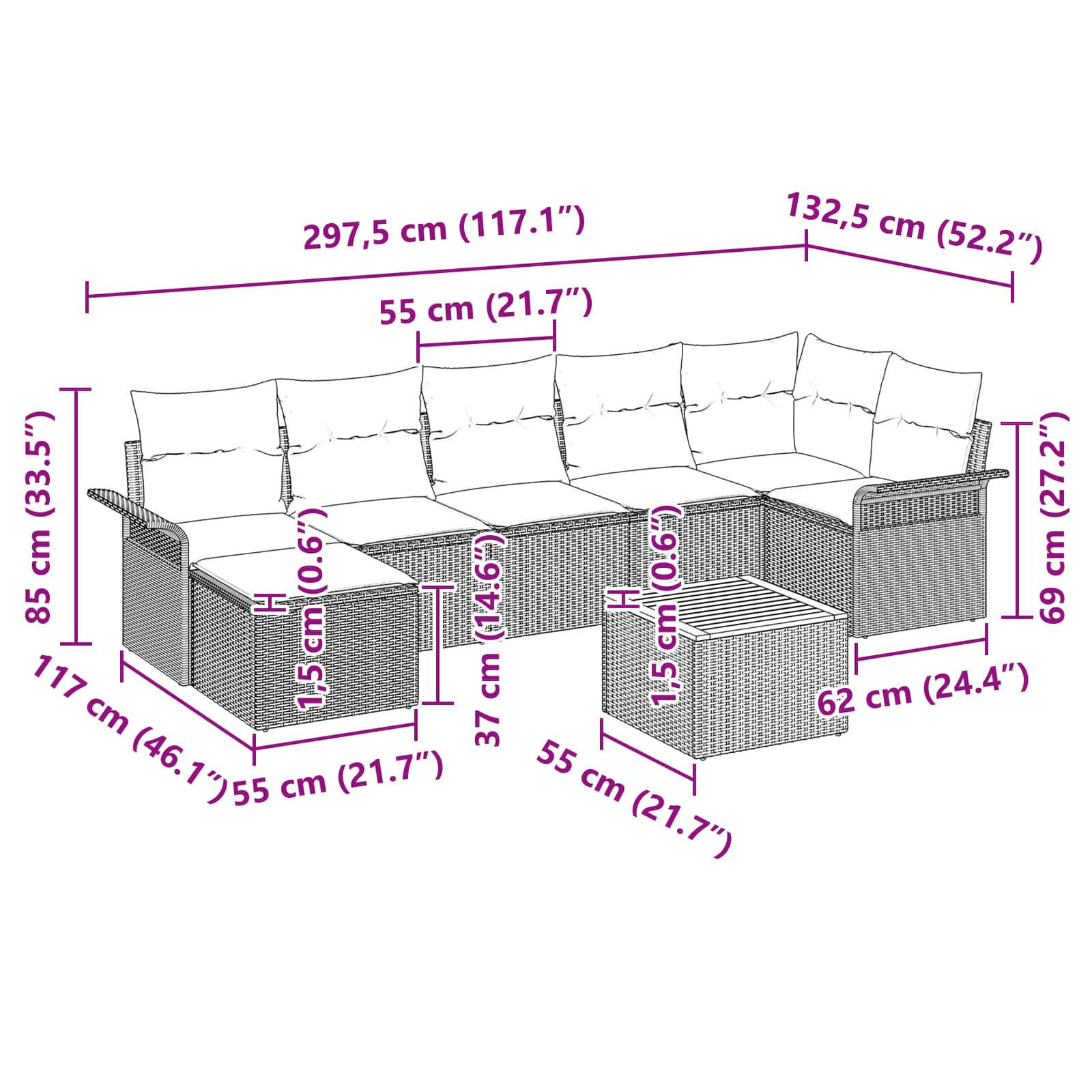 Tuinbankenset met opslag 8 pcs Grijs en Marineblauw poly rattan