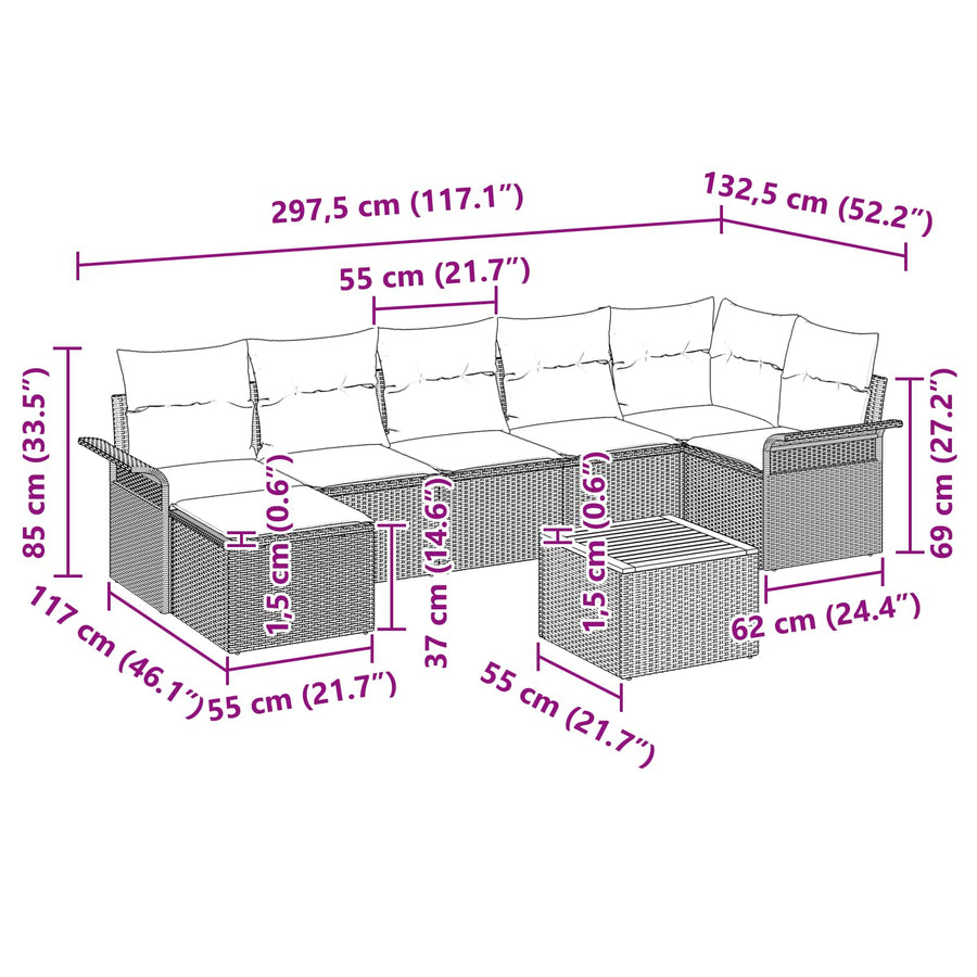 Tuinbankenset met opslag 8 pcs Grijs en Marineblauw poly rattan