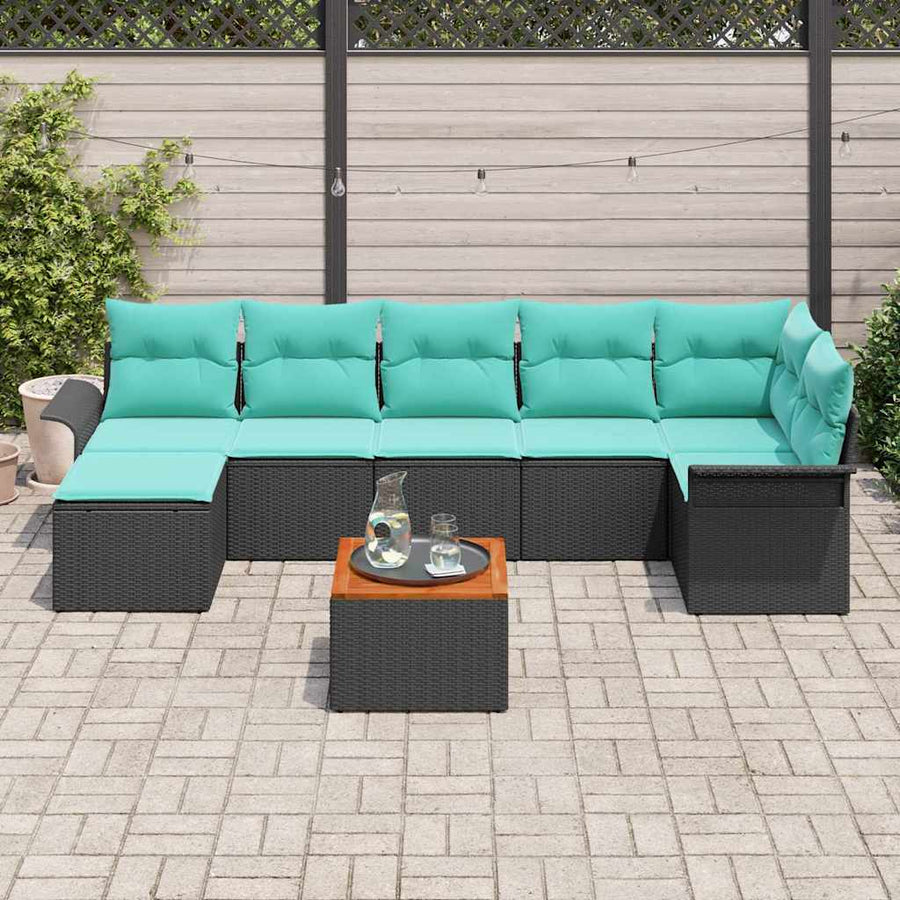 Tuinbankenset met opslag 8 pcs Zwart en Turquoise poly rattan