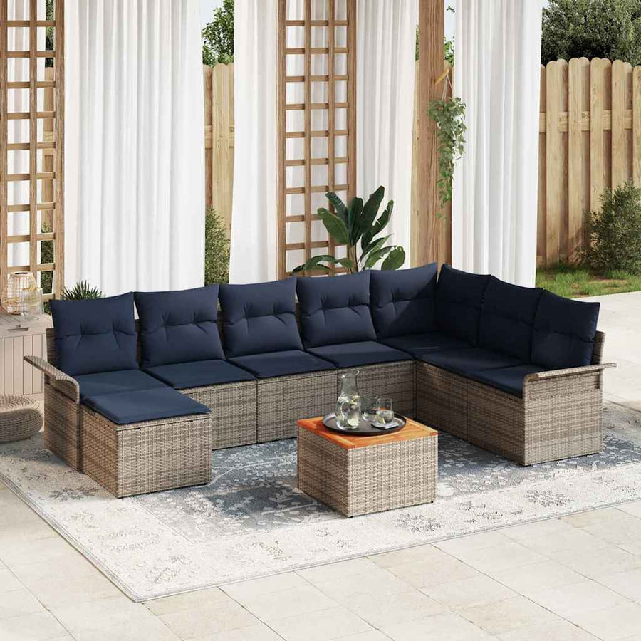 Tuinbankenset met opslag 9 pcs Grijs en Marineblauw poly rattan