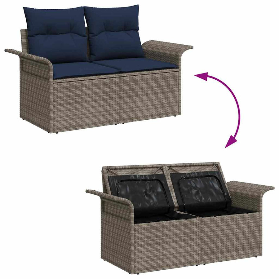 Tuinbankenset met opslag 9 pcs Grijs en Marineblauw poly rattan