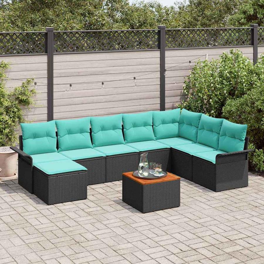 Tuinbankenset met opslag 9 pcs Zwart en Turquoise poly rattan