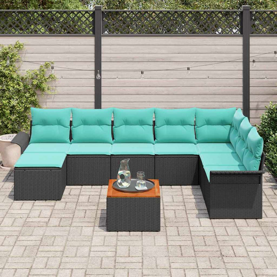 Tuinbankenset met opslag 9 pcs Zwart en Turquoise poly rattan