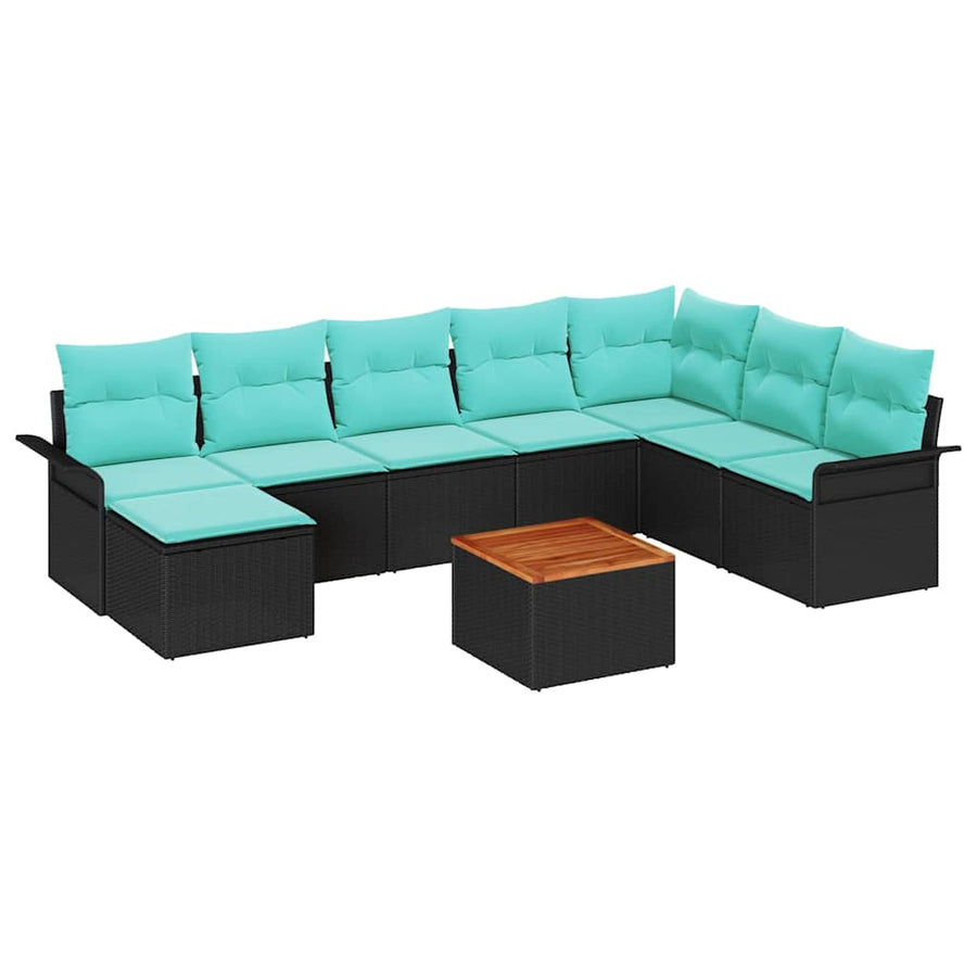 Tuinbankenset met opslag 9 pcs Zwart en Turquoise poly rattan