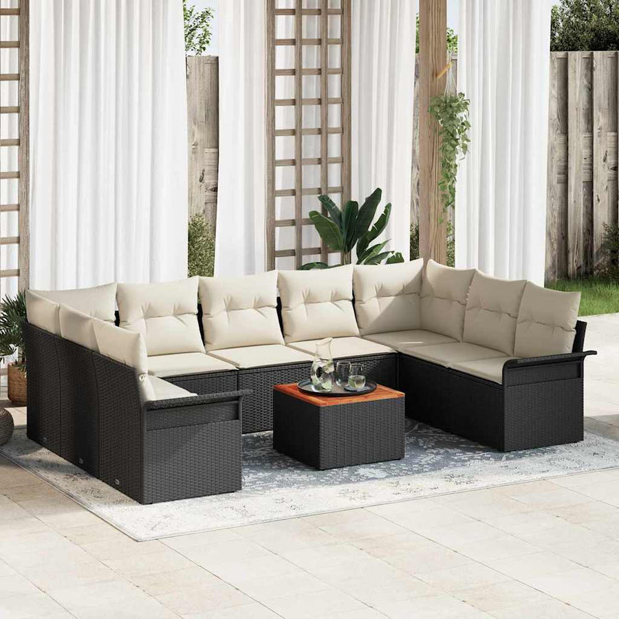 Tuinbankenset met opslag 10 pcs Zwart en Crème poly rattan