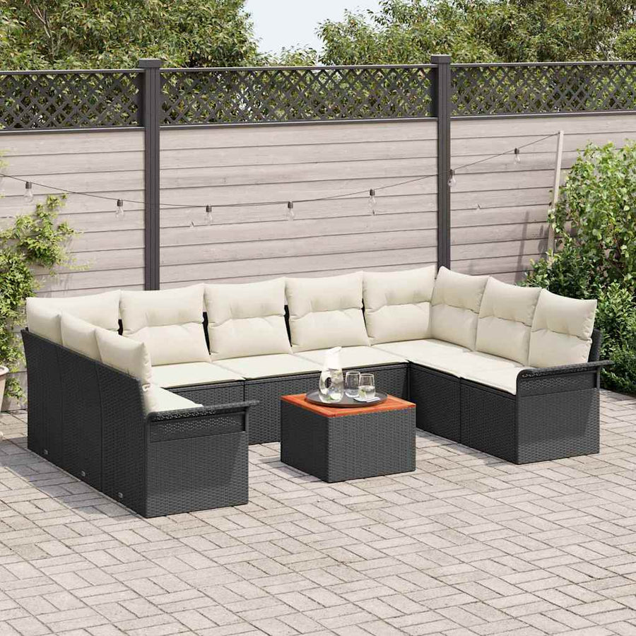 Tuinbankenset met opslag 10 pcs Zwart en Crème poly rattan