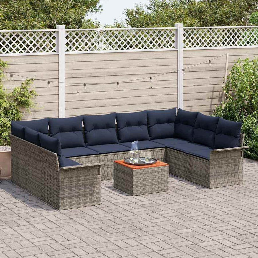 Tuinbankenset 10 pcs Grijs en Marineblauw poly rattan