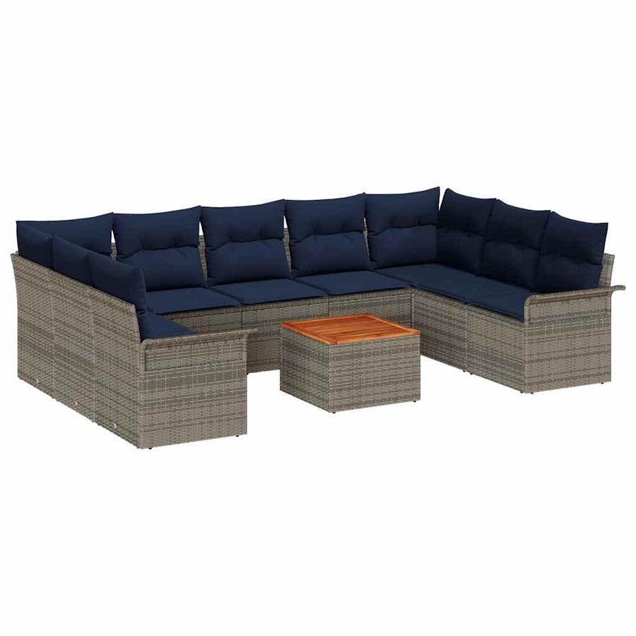 Tuinbankenset 10 pcs Grijs en Marineblauw poly rattan